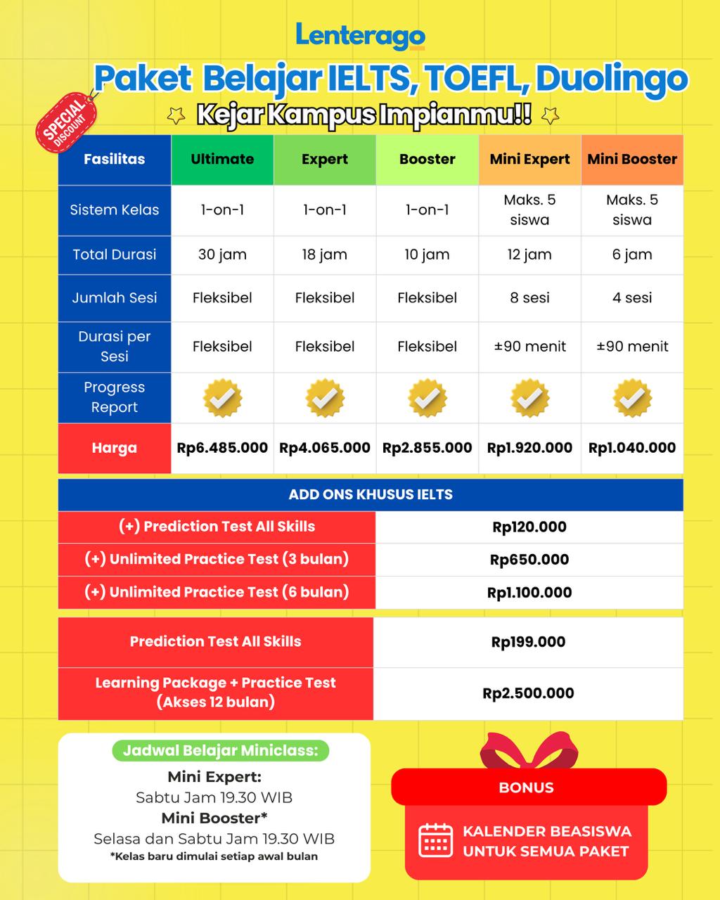 Paket Belajar IELTS, TOEFL, Duolingo - Lenterago